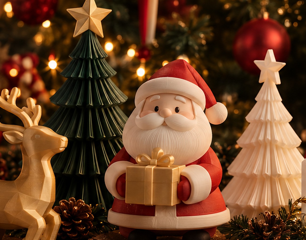 Ilustração temática de Natal com decoração festiva, árvore, rena e Papai Noel